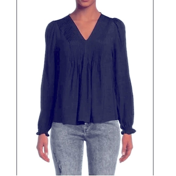 Nanette Lepore navy long sleeve front pleat blouse size medium - Picture 1 of 8